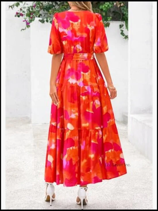 Summer Maxi Dress V-Neck Puff Sleeve Flowy Boho Floral Beach Dress - Picture 2 of 7